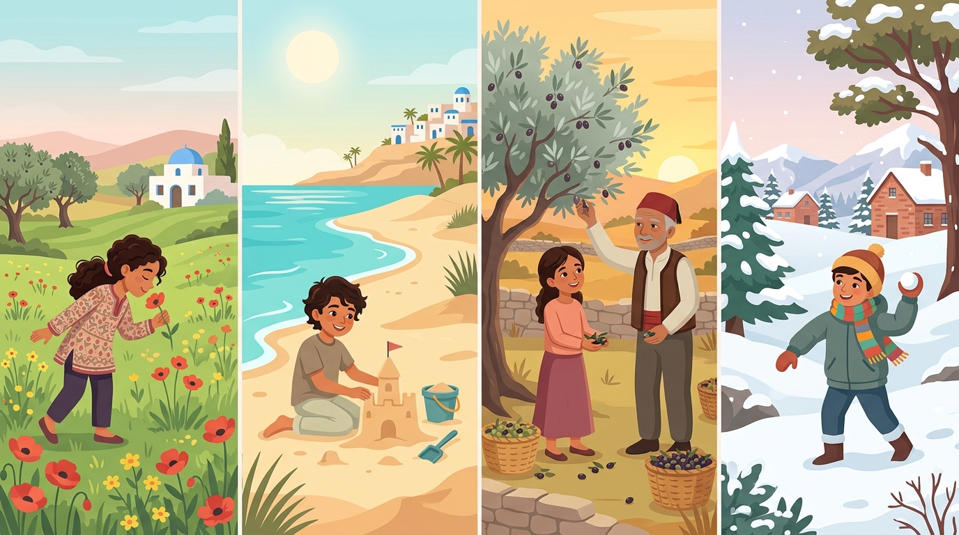 Quatre vignettes : au printemps une fille sent des coquelicots, en été un garçon fait un château de sable, en automne une fille cueille des olives avec son grand-père, en hiver un garçon joue dans la neige à la montagne